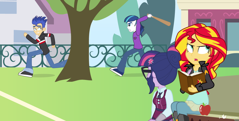 Size: 1140x580 | Tagged: safe, alternate version, artist:dm29, derpibooru import, flash sentry, sci-twi, shining armor, sunset shimmer, twilight sparkle, equestria girls, friendship games, alumnus shining armor, apple, baseball bat, chase, clothes, crystal prep academy uniform, flashabuse, overprotective, overprotective armor, running, school uniform, shipping denied