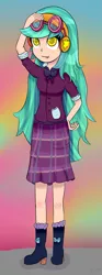 Size: 1009x2707 | Tagged: safe, artist:mit-boy, derpibooru import, indigo zap, lemon zest, equestria girls, friendship games, bowtie, clothes, crystal prep academy, crystal prep academy uniform, crystal prep shadowbolts, fusion, goggles, headphones, long hair, looking up, pleated skirt, school uniform, signature, skirt, solo, tongue out