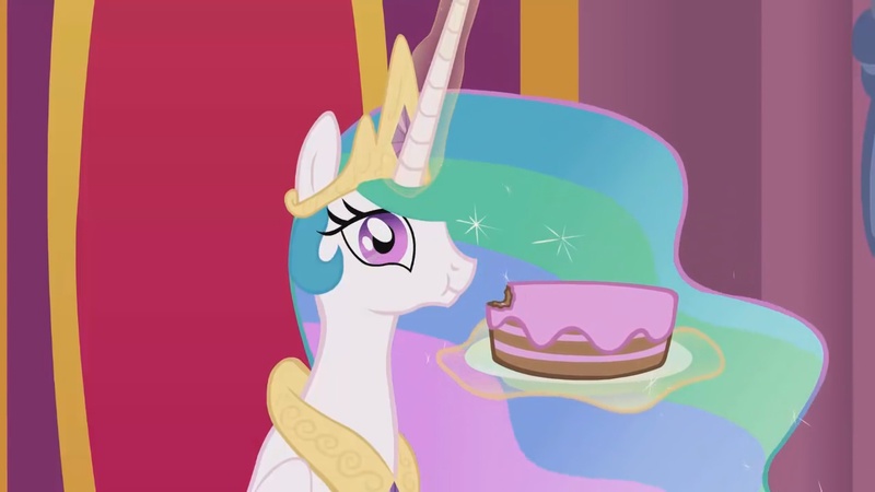 Size: 1280x720 | Tagged: artist:whitehawke, cake, cakelestia, derpibooru import, magic, princess celestia, safe, screencap, solo, throne