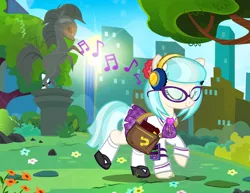 Size: 1200x927 | Tagged: safe, artist:pixelkitties, derpibooru import, coco pommel, earth pony, pony, made in manehattan, alternate hairstyle, bag, book, city, clothes, cocobetes, cute, eyes closed, female, glasses, headphones, ipod, listening, manehattan, mare, mp3 player, music, music notes, park, raised hoof, raised leg, saddle bag, schoolgirl, skirt, smiling, solo, statue, sun