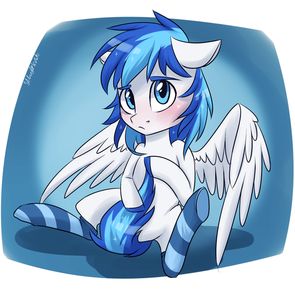 Size: 2000x2000 | Tagged: safe, artist:silbersternenlicht, derpibooru import, oc, oc:rainy, unofficial characters only, pegasus, pony, blue eyes, blushing, clothes, confused, covering, floppy ears, frown, looking at you, male, sitting, socks, solo, spread legs, spread wings, striped socks, tail covering, wings