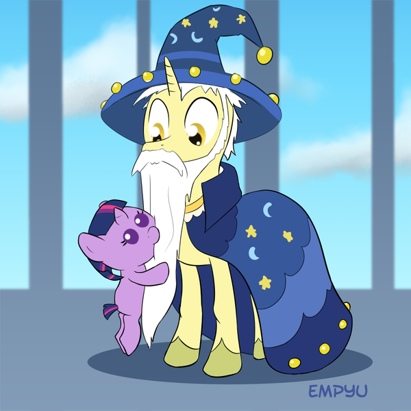 Size: 1000x1000 | Tagged: safe, artist:empyu, derpibooru import, star swirl the bearded, twilight sparkle, pony, 30 minute art challenge, baby, baby pony, babylight sparkle, beard, cloak, clothes, cute, filly, filly twilight sparkle, hat, nom, time paradox, twiabetes, wide eyes