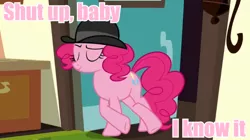 Size: 720x404 | Tagged: bender bending rodriguez, derpibooru import, edit, edited screencap, futurama, image macro, meme, mmmystery on the friendship express, pinkie pie, pink text, safe, screencap, solo