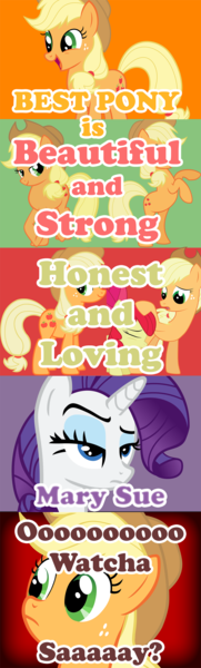 Size: 1057x3500 | Tagged: applejack, best pony, derpibooru import, mary sue, meme, rarity, response, safe, screencap