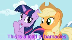 Size: 1000x563 | Tagged: applejack, derpibooru import, duo, edit, edited screencap, meme, prehibernation week, purple text, safe, screencap, spongebob squarepants, the mysterious mare do well, twilight sparkle