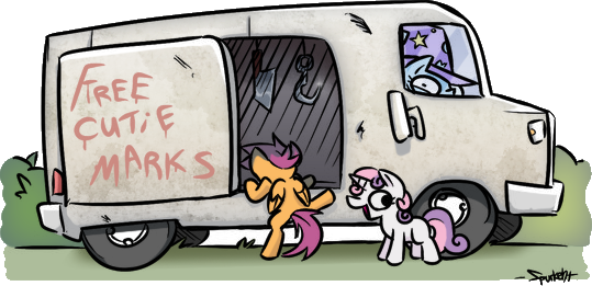 Size: 539x261 | Tagged: semi-grimdark, artist:adequality, artist:spurkeht, color edit, derpibooru import, edit, scootaloo, sweetie belle, trixie, pony, unicorn, comic:cwotie mok quosardees adventures, colored, dark comedy, derp, female, mare, rape van, rapeface, seems legit, sweetie fail, this will end in jail time, this will end in rape, this will end in tears and/or death, this will not end well, trixie's funhouse, van, vehicle