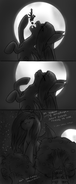 Size: 737x1786 | Tagged: questionable, semi-grimdark, artist:alloyrabbit, derpibooru import, apple bloom, applejack, fluttershy, bat pony, pony, apple tree, dark, dialogue, fetish, flutterbat, flutterpred, giant pony, macro, monochrome, moon, size difference, swallowing, throat bulge, tree, vore, vorepire