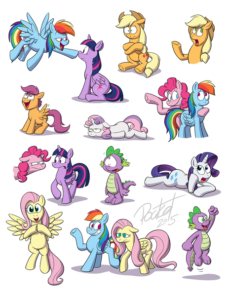 Size: 850x1100 | Tagged: safe, artist:octanbearcat, derpibooru import, applejack, fluttershy, pinkie pie, rainbow dash, rarity, scootaloo, spike, sweetie belle, twilight sparkle, twilight sparkle (alicorn), alicorn, pony, boop, female, mane seven, mane six, mare