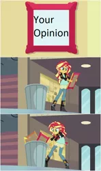 Size: 558x941 | Tagged: safe, derpibooru import, edit, screencap, sunset shimmer, equestria girls, my past is not today, exploitable meme, into the trash it goes, meme, opinion, reaction image, solo, trash, trash can