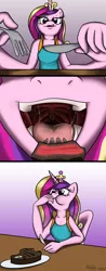 Size: 600x1533 | Tagged: suggestive, artist:made-in-donuts, derpibooru import, princess cadance, anthro, bait and switch, bedroom eyes, clothes, drool, eating, female, licking, licking lips, maw, open mouth, ponies eating meat, puffy cheeks, ribeye, smiling, solo, solo female, steak, tanktop, tongue out, uvula