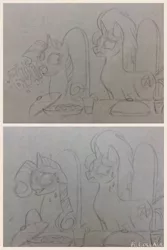 Size: 400x600 | Tagged: safe, artist:zigragirl, derpibooru import, rarity, oc, oc:void rider, pony, unicorn, blushing, burp, comic, dinner, embarrassed, female, irc, male, mare, monochrome, nervous grin, pencil drawing, simple background, stallion, sweat, traditional art, uncouth