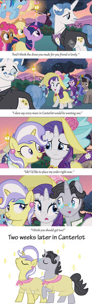 Size: 492x1620 | Tagged: alternate ending, applejack, artist:thekikko, birthday dress, clothes, comic, crossdressing, derpibooru import, dress, edit, edited screencap, fancypants, fluttershy, jet set, pinkie pie, rainbow dash, rarity, safe, screencap, screencap comic, sweet and elite, twilight sparkle, upper crust