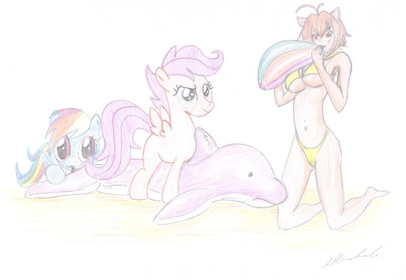 Size: 2318x1603 | Tagged: safe, artist:thunderingpikachu, derpibooru import, rainbow dash, scootaloo, dolphin, beach, beach ball, bikini, blowing, blushing, breasts, clothes, cute, cutealoo, dashabetes, female, inflatable, inflatable toy, inflating, makoto nanaya, pool toy, puffy cheeks, riding, scootalove, swimsuit, traditional art