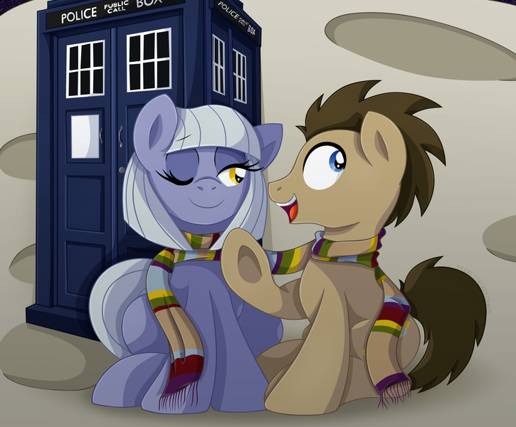 Size: 1353x1120 | Tagged: safe, artist:pearlyiridescence, derpibooru import, doctor whooves, limestone pie, time turner, pony, clothes, doctor who, doctorlime, looking back, male, moon, one eye closed, open mouth, scarf, shared clothing, shared scarf, shipping, sitting, smiling, stallion, straight, tardis, underhoof