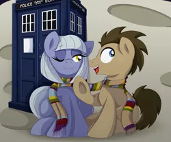 Size: 1353x1120 | Tagged: safe, artist:pearlyiridescence, derpibooru import, doctor whooves, limestone pie, time turner, pony, clothes, doctor who, doctorlime, looking back, male, moon, one eye closed, open mouth, scarf, shared clothing, shared scarf, shipping, sitting, smiling, stallion, straight, tardis, underhoof