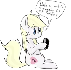 Size: 2026x2000 | Tagged: safe, artist:coinpo, derpibooru import, oc, oc:aryanne, unofficial characters only, earth pony, pony, book, female, heart, holding, mein kampf, nazi, sitting, smiling, solo, speech bubble, swastika
