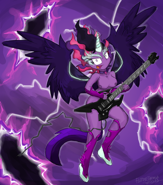 Size: 1500x1701 | Tagged: questionable, artist:flutterthrash, derpibooru import, sci-twi, twilight sparkle, equestria girls, friendship games, breasts, busty twilight sparkle, female, guitar, lightning, metal, midnight sparkle, nipples, nudity, portal, rock, rock (music), solo, solo female