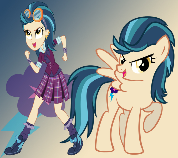 Size: 960x851 | Tagged: safe, artist:sunset-sunrize, derpibooru import, indigo zap, ponified, pegasus, pony, equestria girls, friendship games, bowtie, clothes, crystal prep academy, crystal prep academy uniform, crystal prep shadowbolts, cutie mark, ear piercing, equestria girls ponified, fist, fist pump, goggles, human ponidox, looking at you, open mouth, piercing, pleated skirt, raised hoof, school uniform, skirt, solo, wristband