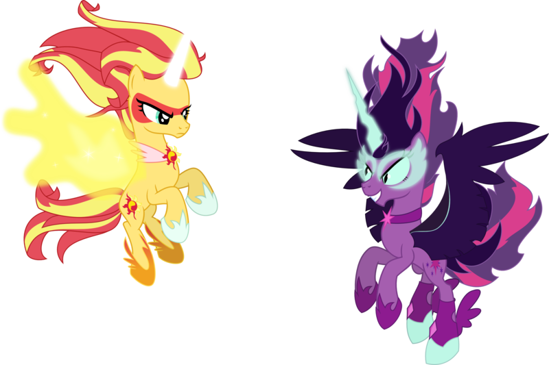 Size: 3000x2000 | Tagged: safe, artist:fallingrain22, derpibooru import, sci-twi, sunset shimmer, twilight sparkle, ponified, pony, equestria girls, friendship games, artificial wings, augmented, daydream shimmer, equestria girls ponified, face to face, fight, magic, magic wings, midnight sparkle, necklace, simple background, wings