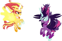 Size: 3000x2000 | Tagged: safe, artist:fallingrain22, derpibooru import, sci-twi, sunset shimmer, twilight sparkle, ponified, pony, equestria girls, friendship games, artificial wings, augmented, daydream shimmer, equestria girls ponified, face to face, fight, magic, magic wings, midnight sparkle, necklace, simple background, wings
