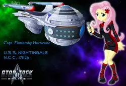 Size: 1280x875 | Tagged: safe, artist:captricosakara, derpibooru import, fluttershy, equestria girls, boots, captain, clothes, commission, crossover, female, humanized, image, jpeg, logo, olympic class, science fiction, solo, solo female, space, spaceship, star trek, star trek online, starfleet, starship, uniform, video game crossover
