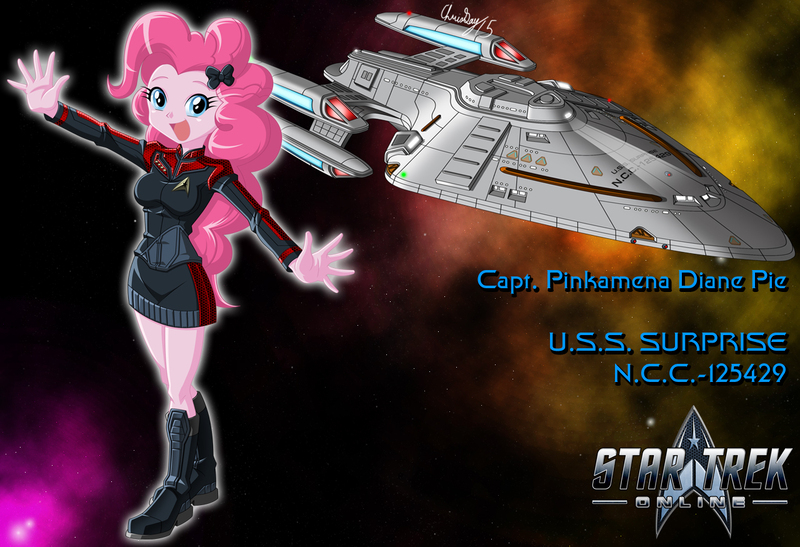 Size: 1280x875 | Tagged: safe, artist:captricosakara, derpibooru import, pinkie pie, equestria girls, boots, captain, clothes, commission, crossover, female, humanized, image, jpeg, logo, open mouth, prometheus class, science fiction, solo, solo female, space, spaceship, star trek, star trek online, starfleet, starship, uniform, video game crossover