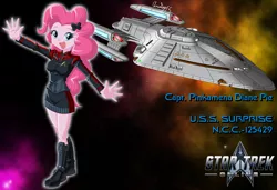 Size: 1280x875 | Tagged: safe, artist:captricosakara, derpibooru import, pinkie pie, equestria girls, boots, captain, clothes, commission, crossover, female, humanized, image, jpeg, logo, open mouth, prometheus class, science fiction, solo, solo female, space, spaceship, star trek, star trek online, starfleet, starship, uniform, video game crossover