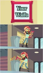 Size: 558x941 | Tagged: safe, derpibooru import, edit, screencap, sunset shimmer, equestria girls, my past is not today, exploitable meme, into the trash it goes, meme, reaction image, solo, trash, trash can, waifu, your waifu is trash