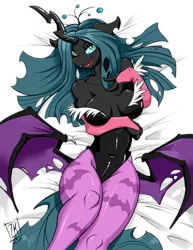 Size: 695x899 | Tagged: absolute cleavage, anthro, artist:rinku, artist:zwitterkitsune, bedroom eyes, breasts, butt wings, cleavage, clothes, colored, color edit, cosplay, costume, crossover, darkstalkers, derpibooru import, edit, fangs, female, looking at you, lying, morrigan aensland, on back, open mouth, queen chrysalis, simple background, solo, solo female, suggestive, transparent background