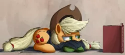 Size: 2000x884 | Tagged: applejack, artist:ncmares, book, clothes, countryisms, derpibooru import, prone, reading, safe, socks, solo, striped socks