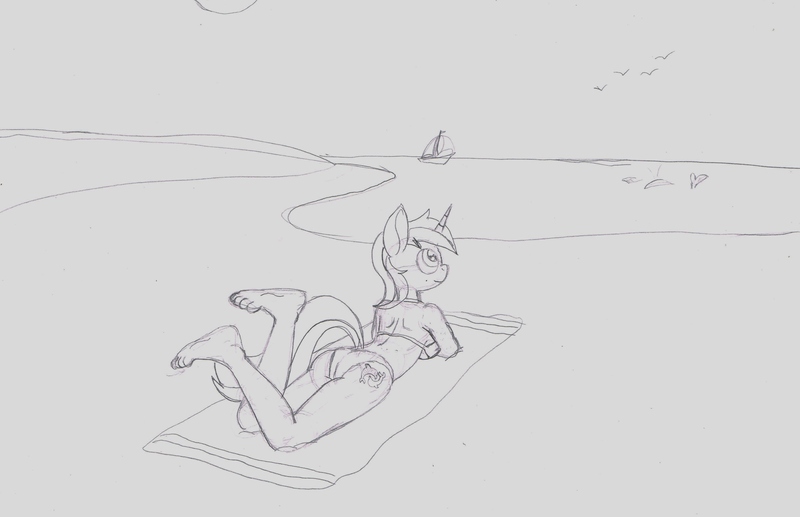 Size: 3209x2072 | Tagged: anthro, artist:airship-king, beach, bikini, buttober, clothes, derpibooru import, feet, monochrome, plantigrade anthro, plot, safe, seafoam, sea swirl, solo, swimsuit, traditional art