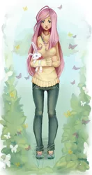 Size: 1900x3600 | Tagged: angel bunny, artist:natanatfan, bow, butterfly, clothes, cutie mark necklace, derpibooru import, digital art, doll, fluttershy, human, humanized, jeans, jewelry, light skin, looking at you, looking down, necklace, pants, plush bunny, plushie, safe, shoes, solo, standing, sweater, sweatershy, toy, turtleneck, yellow sweater