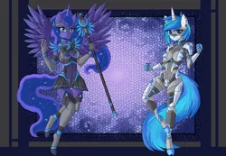 Size: 2600x1800 | Tagged: ambiguous facial structure, anthro, armor, armor skirt, artist:raptor007, belly button, breasts, cameltoe, cleavage, clothes, cyberpunk, derpibooru import, duo, female, glasses, midriff, piercing, princess luna, skirt, staff, stockings, suggestive, thigh highs, underass, unguligrade anthro, vinyl scratch