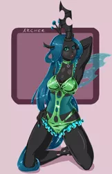 Size: 3300x5100 | Tagged: anthro, armpits, artist:xite91, clothes, collar, derpibooru import, human facial structure, lingerie, monokini, nail polish, queen chrysalis, solo, suggestive, swimsuit