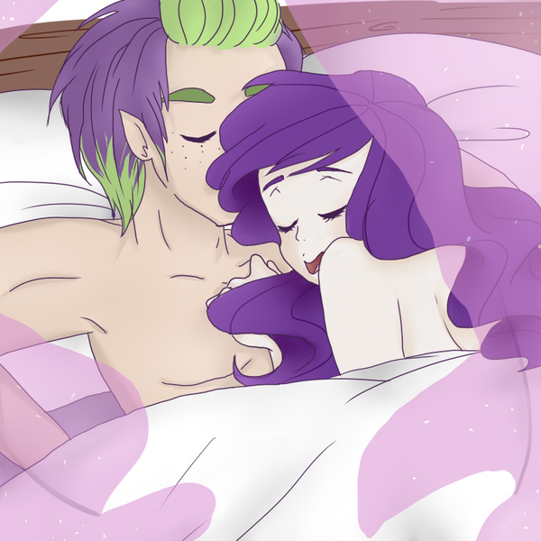 Size: 800x800 | Tagged: suggestive, artist:h0mi3, derpibooru import, rarity, spike, human, afterglow, aftersex, armpits, bed, elf ears, female, humanized, implied sex, male, morning after, older, shipping, sparity, straight