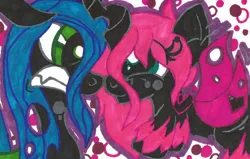 Size: 1024x650 | Tagged: artist:krazykari, boop, changeling, changeling oc, changeling queen, changepony, cute, cutealis, derpibooru import, duo, duo female, eye contact, female, frown, glare, gritted teeth, hybrid, interspecies offspring, looking at each other, magical lesbian spawn, mommy chrissy, mother and daughter, noseboop, oc, ocbetes, oc:pomf puff, offspring, parent:oc:fluffle puff, parent:queen chrysalis, parents:canon x oc, parents:chrysipuff, pink changeling, queen chrysalis, safe, smiling, traditional art