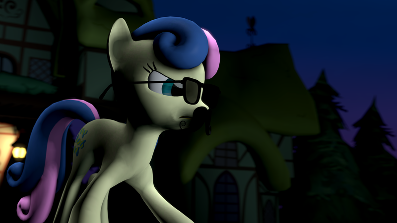 Size: 3840x2160 | Tagged: 3d, artist:gaohaq, bon bon, derpibooru import, glasses, moustache, night, ponyville, safe, secret agent sweetie drops, source filmmaker, spy, sweetie drops, tree