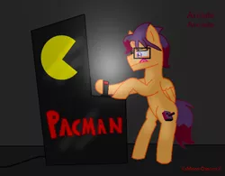 Size: 790x616 | Tagged: safe, artist:xxmoon-dancerxx, derpibooru import, oc, oc:arcade arcade, unofficial characters only, arcade, arcade cabinet, glasses, pac-man, solo, tongue out
