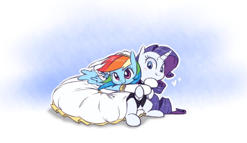 Size: 2096x1213 | Tagged: artist:raridashdoodles, clothes, derpibooru import, dress, female, hug, lesbian, marriage, rainbow dash, raridash, rarity, safe, shipping, suit, wedding, wedding dress