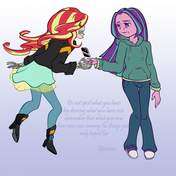 Size: 1440x1440 | Tagged: safe, artist:daniel-gleebits, derpibooru import, aria blaze, sunset shimmer, fanfic, equestria girls, rainbow rocks, elderly, fanfic art, fanfic cover, grim reaper, implied death, mobile phone, mortality blues, older, phone, psychopomp, sad, skeleton