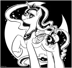 Size: 1129x1063 | Tagged: artist:han_hyui, derpibooru import, monochrome, princess luna, raised hoof, safe, solo, wavy mouth