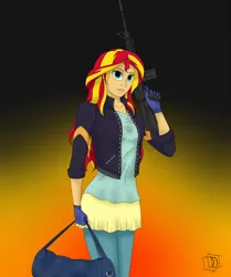 Size: 2304x2756 | Tagged: safe, artist:deddrunk, derpibooru import, sunset shimmer, equestria girls, amcar-4 carbine, assault rifle, clothes, crossover, gloves, gun, no trigger discipline, payday, payday 2, rifle, solo, weapon