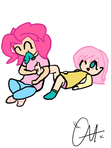 Size: 1500x2000 | Tagged: artist:arcade-arcade, barefoot, clothes, cute, derpibooru import, feather, feet, fetish, fluttershy, foot fetish, human, humanized, one eye closed, pinkie pie, safe, socks, tickle fetish, tickling