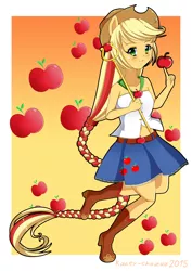 Size: 2066x2923 | Tagged: safe, artist:kateychazuu, derpibooru import, applejack, equestria girls, apple, belly button, cute, looking at you, ponied up, pony ears, scepter, smiling, solo, tail