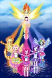Size: 2200x3280 | Tagged: safe, artist:kateychazuu, derpibooru import, applejack, fluttershy, pinkie pie, rainbow dash, rarity, sunset shimmer, equestria girls, friendship games, alternate costumes, daydream shimmer, humane five, looking at you, magic capture device, magic of friendship, ponied up, spread wings