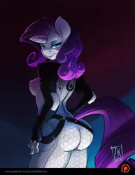 Size: 791x1024 | Tagged: suggestive, artist:zwitterkitsune, derpibooru import, rarity, anthro, comic:eezo is magic, armor, ass, bedroom eyes, bodysuit, clothes, cosplay, costume, crossover, eezo is magic, female, image, kiss my ass, looking at you, looking back, mass effect, miranda lawson, patreon, png, raritights, rearity, signature, solo, solo female, tight clothing