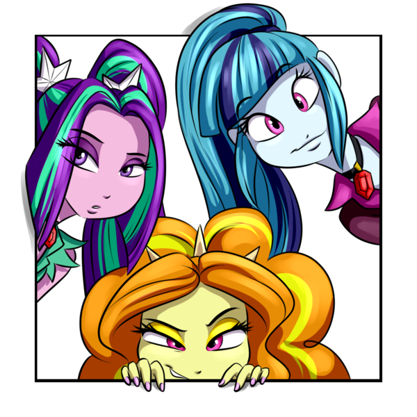 Size: 1200x1200 | Tagged: safe, artist:ponut_joe, derpibooru import, adagio dazzle, aria blaze, sonata dusk, equestria girls, bust, clothes, eye clipping through hair, female, fourth wall, gem, gimp, looking at you, nail polish, out of frame, portrait, siren gem, smiling, the dazzlings, trio