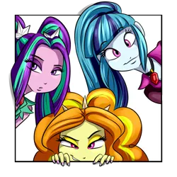 Size: 1200x1200 | Tagged: safe, artist:ponut_joe, derpibooru import, adagio dazzle, aria blaze, sonata dusk, equestria girls, bust, clothes, eye clipping through hair, female, fourth wall, gem, gimp, looking at you, nail polish, out of frame, portrait, siren gem, smiling, the dazzlings, trio