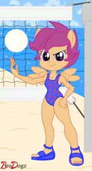 Size: 656x1218 | Tagged: safe, artist:brodogz, derpibooru import, scootaloo, equestria girls, beach, beach ball, clothes, cute, cutealoo, one-piece swimsuit, ponied up, pony ears, sandals, solo, swimsuit, winged humanization