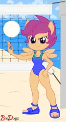 Size: 1077x2000 | Tagged: safe, artist:brodogz, derpibooru import, scootaloo, equestria girls, beach, beach ball, clothes, cute, cutealoo, one-piece swimsuit, ponied up, pony ears, sandals, solo, swimsuit, valiant, winged humanization